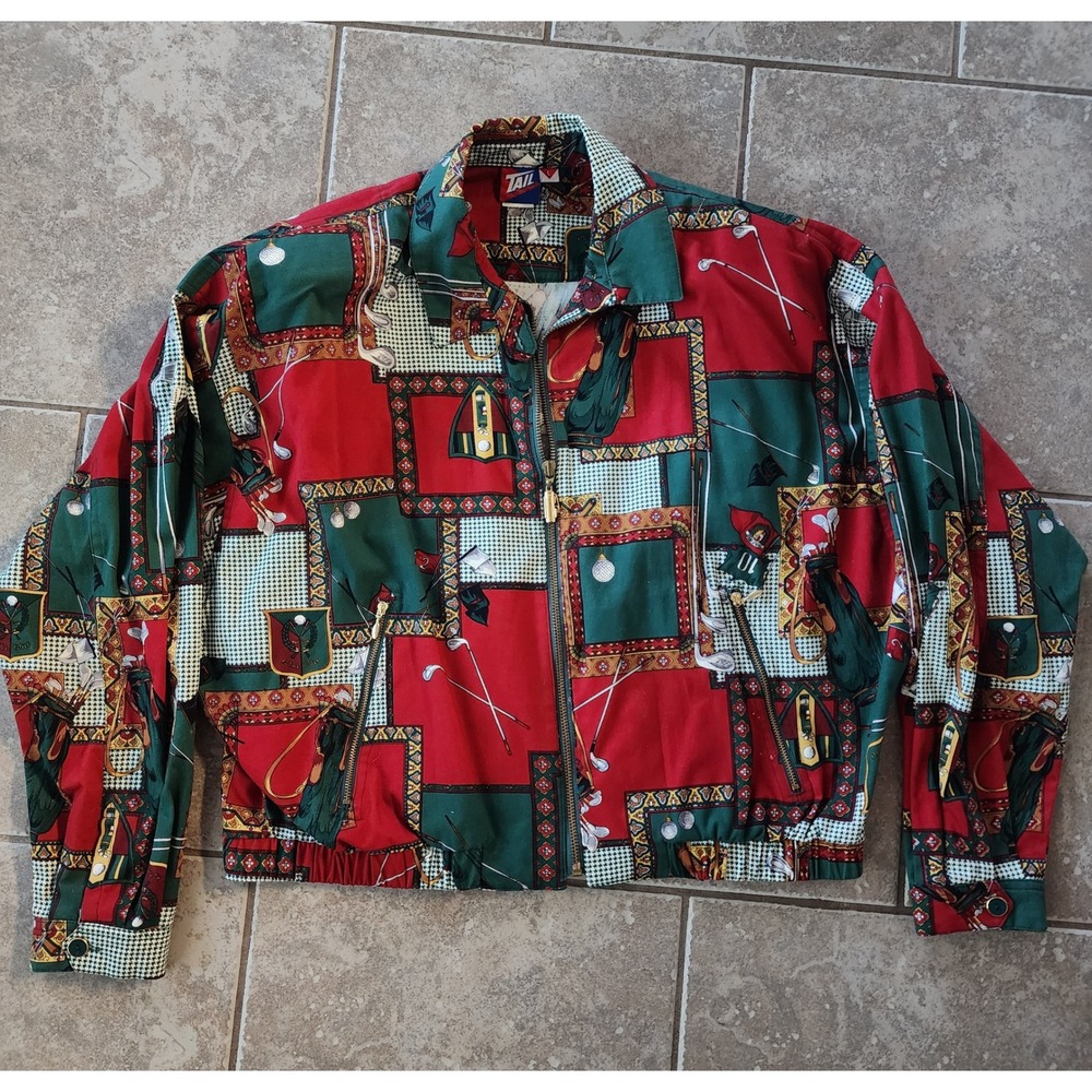 Vintage Tail Golf Jacket Womens Large Red Green Novelty Print Full Zip Bomber